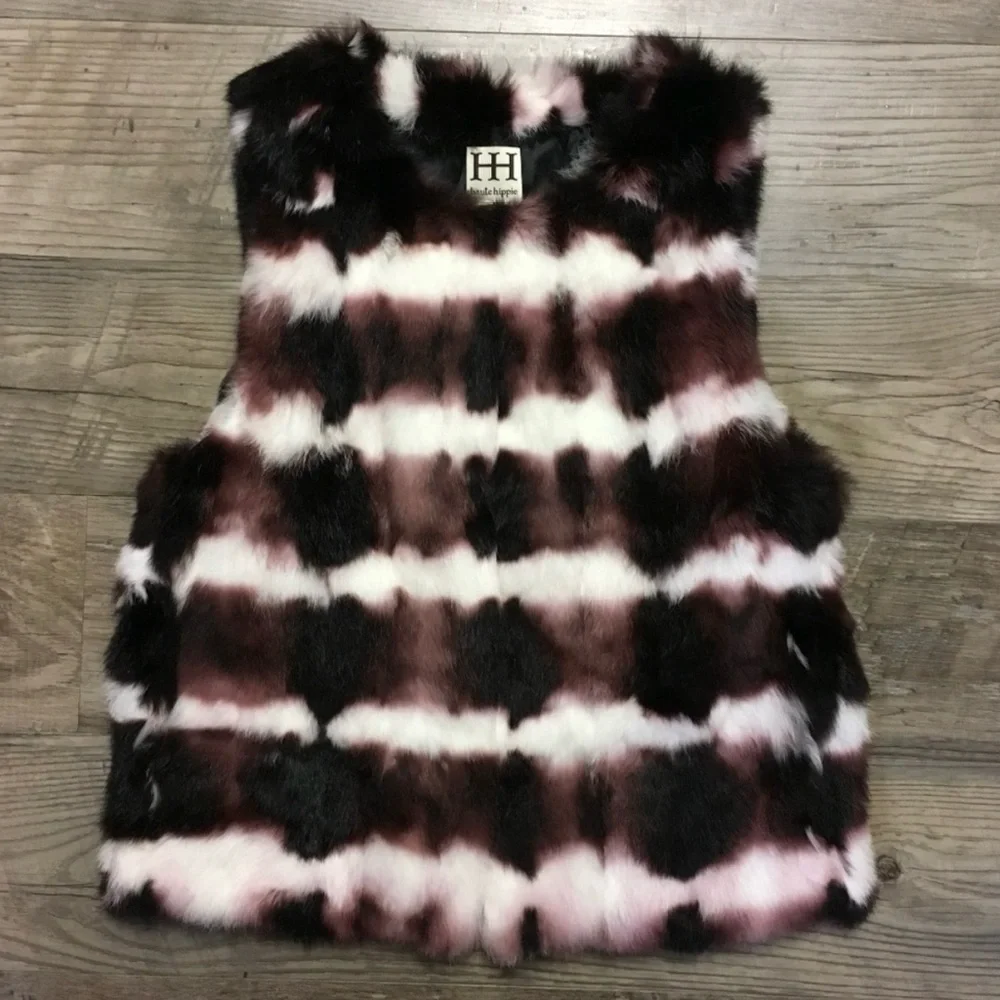 Haute Hippie Tie Dye Rabbit Fur Vest Merlot/white/black - Picture 8 of 12